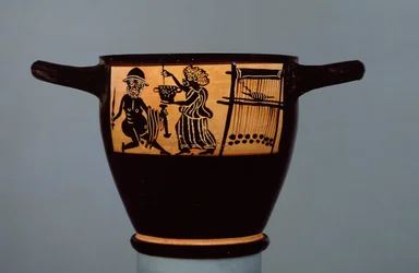 Boeotian black-figure skyphos, decorated with a scene of Odysseus being given a drugged potion by Circe, from the workshop of the Mystae Painter, from Thebes, Boeotia, late 5th century BC